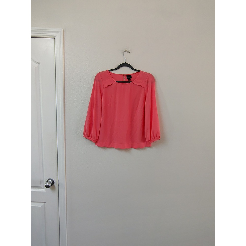 Worthington Womens Coral Pink Scalloped Neckline Long Sleeve Blouse Size S